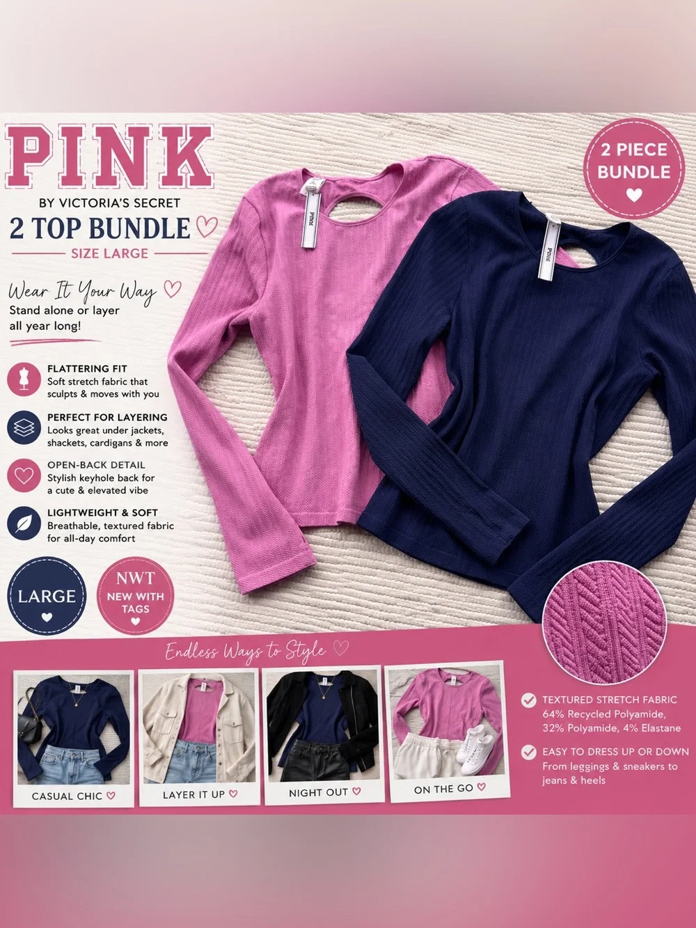 PINK Textured Open-Back Long Sleeve Top Bundle | Pink & Navy | Size Large NWT - Picture 1 of 11
